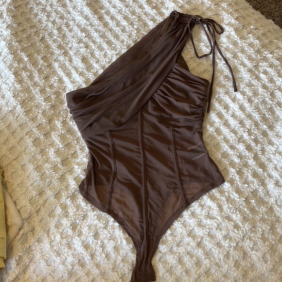 Corset One Shoulder Bodysuit Sheer with ties - Picture 3 of 7